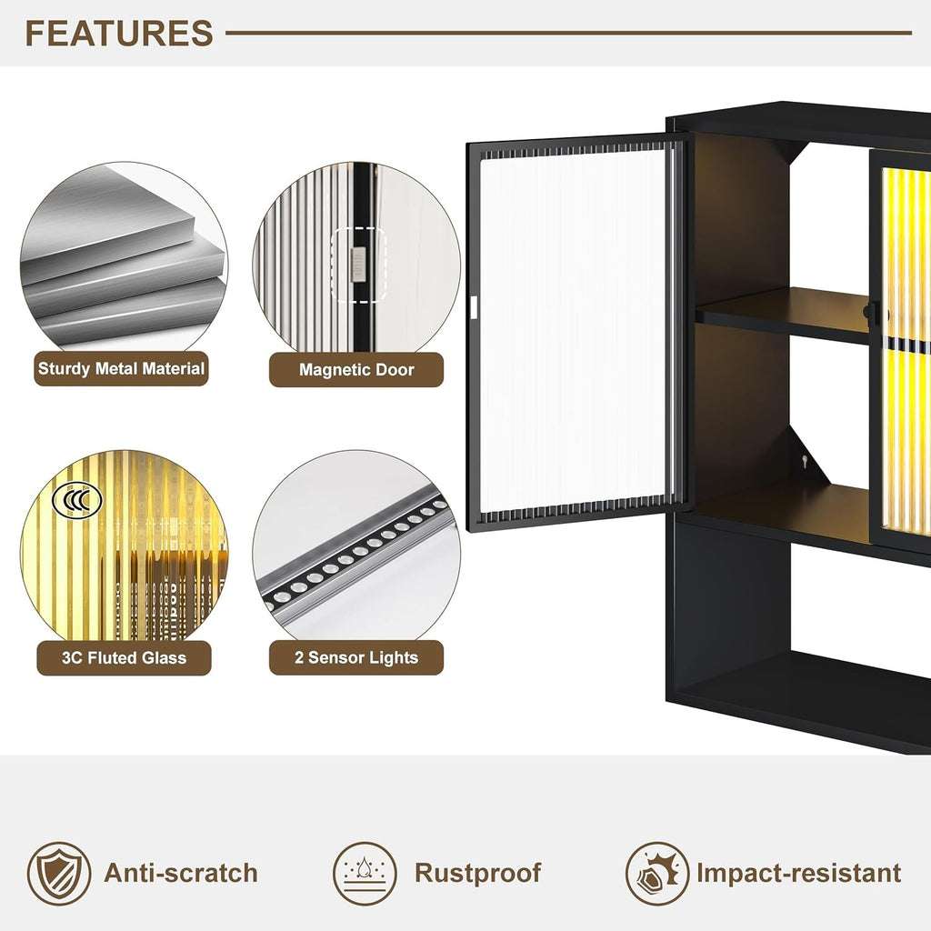 Outstar Wall Mounted Bathroom Cabinet With Glass Doors And Open Shelves