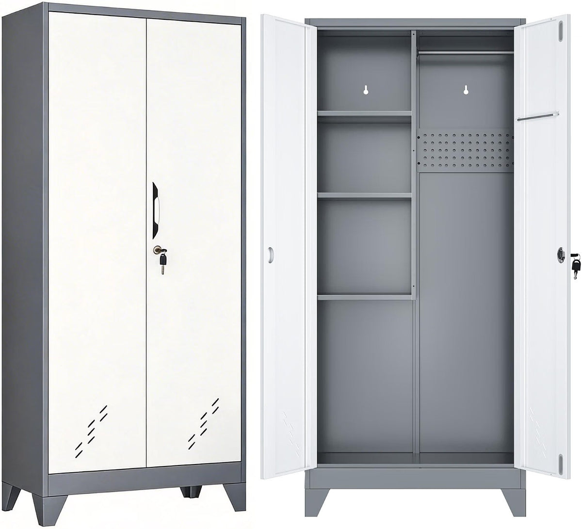 Outstar 61 Inch Two Tone Metal Storage Cabinet Lockable Utility Closet With Pegboard White And Grey