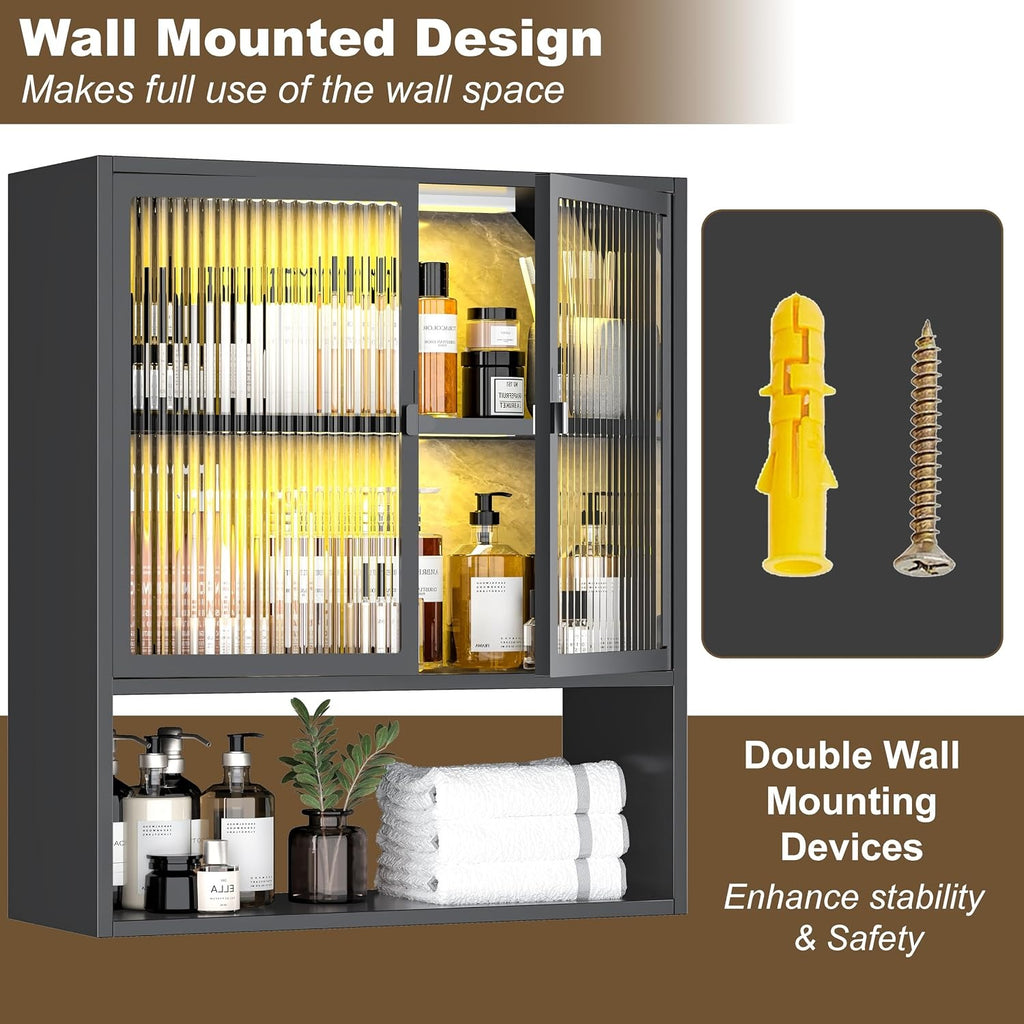 Outstar Wall Mounted Bathroom Cabinet With Glass Doors And Open Shelves