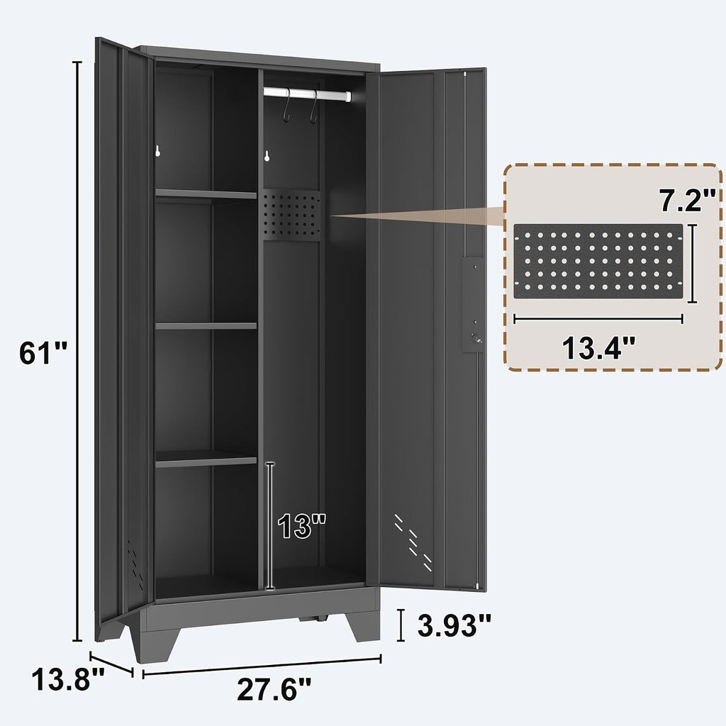 Outstar 61 Inch Metal Cleaning Supply Cabinet With Pegboard Lockable Broom Closet Utility Locker Black
