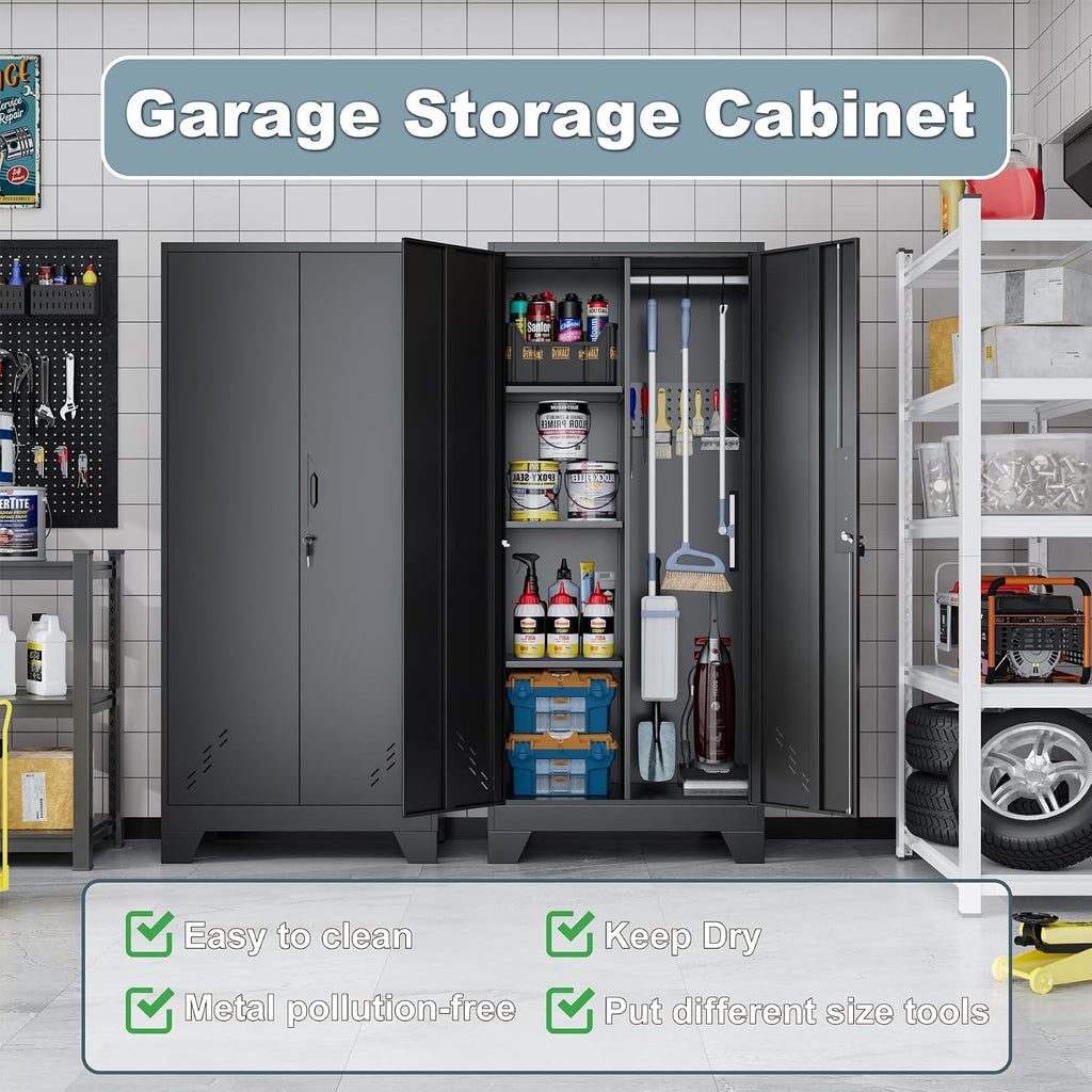 Outstar 61 Inch Metal Cleaning Supply Cabinet With Pegboard Lockable Broom Closet Utility Locker Black