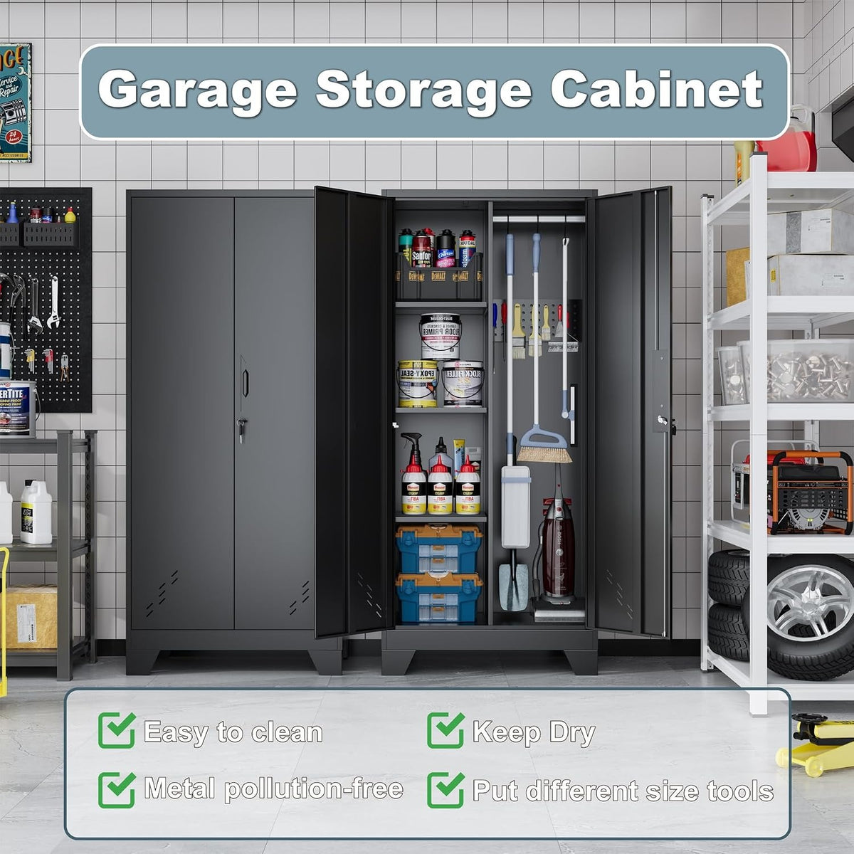Outstar 61 Inch Metal Cleaning Supply Cabinet With Pegboard Lockable Broom Closet Utility Locker Black