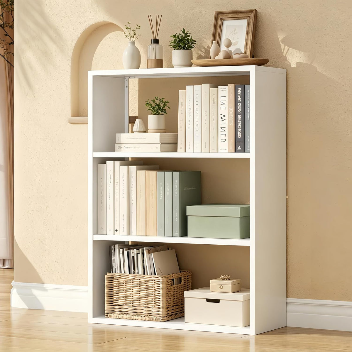 Outstar 3 tier white metal short bookshelf with clear safety corner bumpers