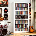 Outstar 55 inch tall white metal 6 tier storage cabinet holding shoes and media boxes in narrow hallway