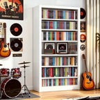 Outstar 55 inch tall white metal 6 tier storage cabinet holding shoes and media boxes in narrow hallway