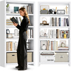 Outstar 69 inch white 5 tier metal bookshelf showing tool free snap lock structure with books