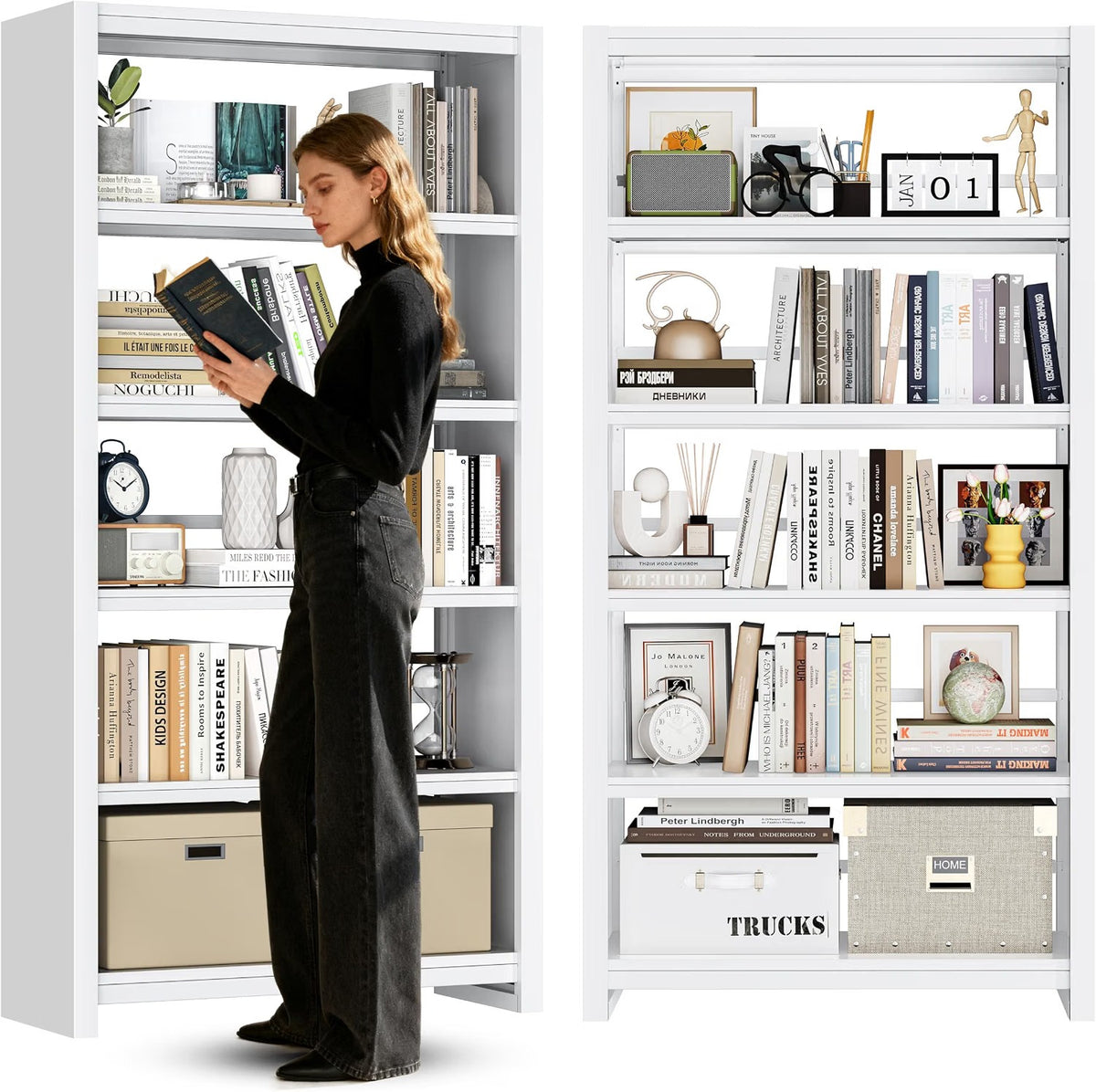 Outstar 69 inch white 5 tier metal bookshelf showing tool free snap lock structure with books