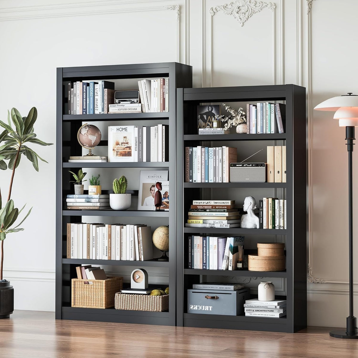 Outstar white freestanding metal bookshelf with adjustable shelves holding office supplies and books