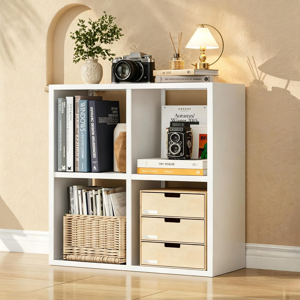 Modular 6 cube steel cubby shelf holding storage bins and books for living room