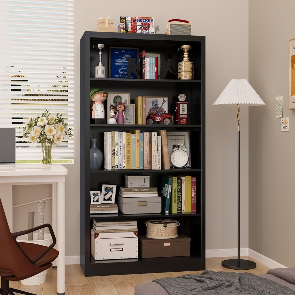 Outstar white 5 tier heavy duty metal bookcase holding books and decorative items in home office