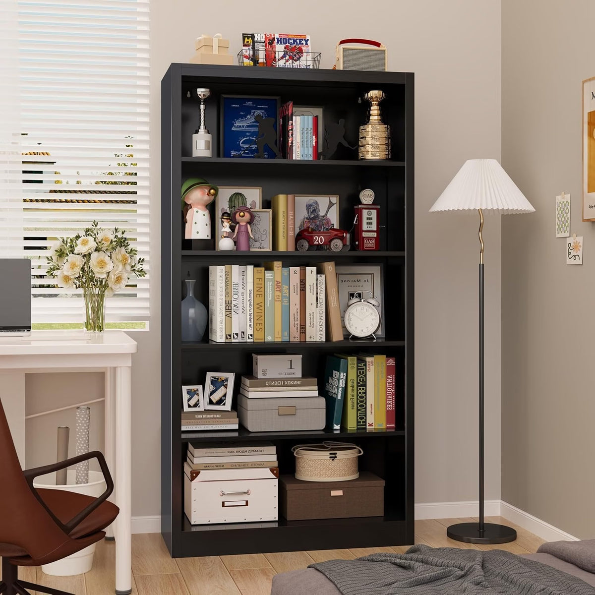 Outstar white 5 tier heavy duty metal bookcase holding books and decorative items in home office