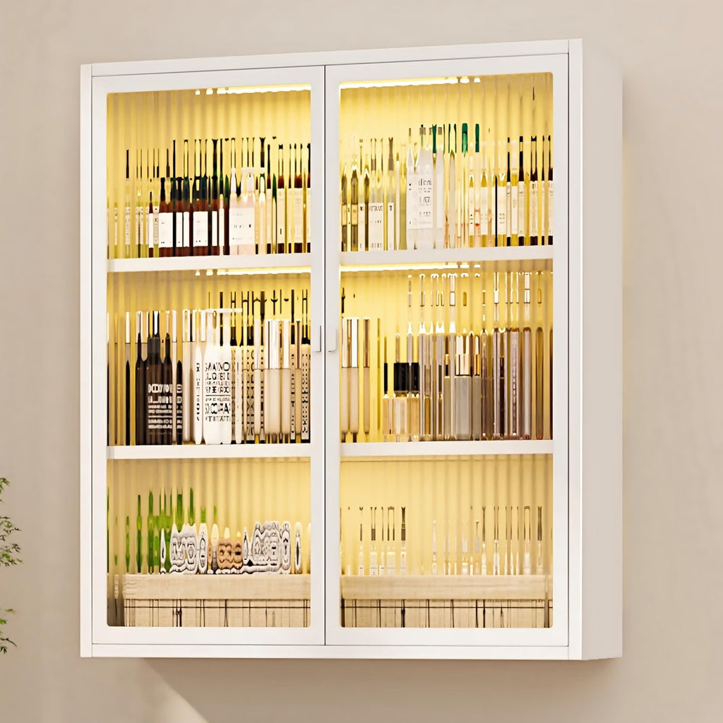 Modern hanging metal bathroom storage cabinet with fluted glass doors in black and white