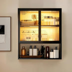Wall mounted bathroom organizer showing white metal cabinet with fluted glass doors and illuminated LED light