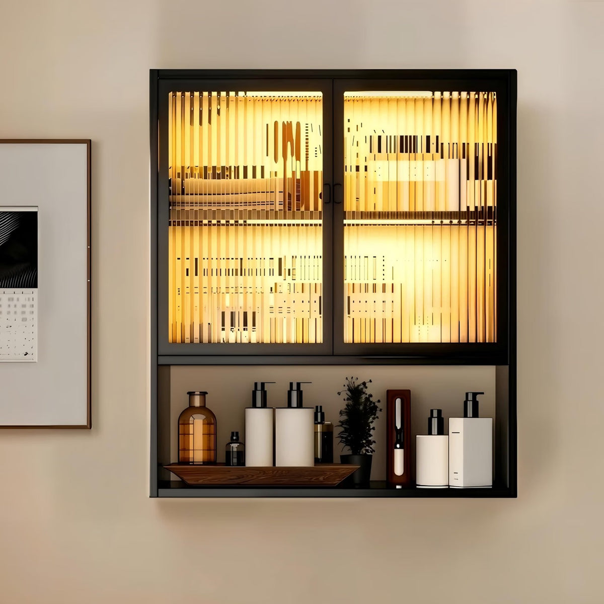 Wall mounted bathroom organizer showing white metal cabinet with fluted glass doors and illuminated LED light